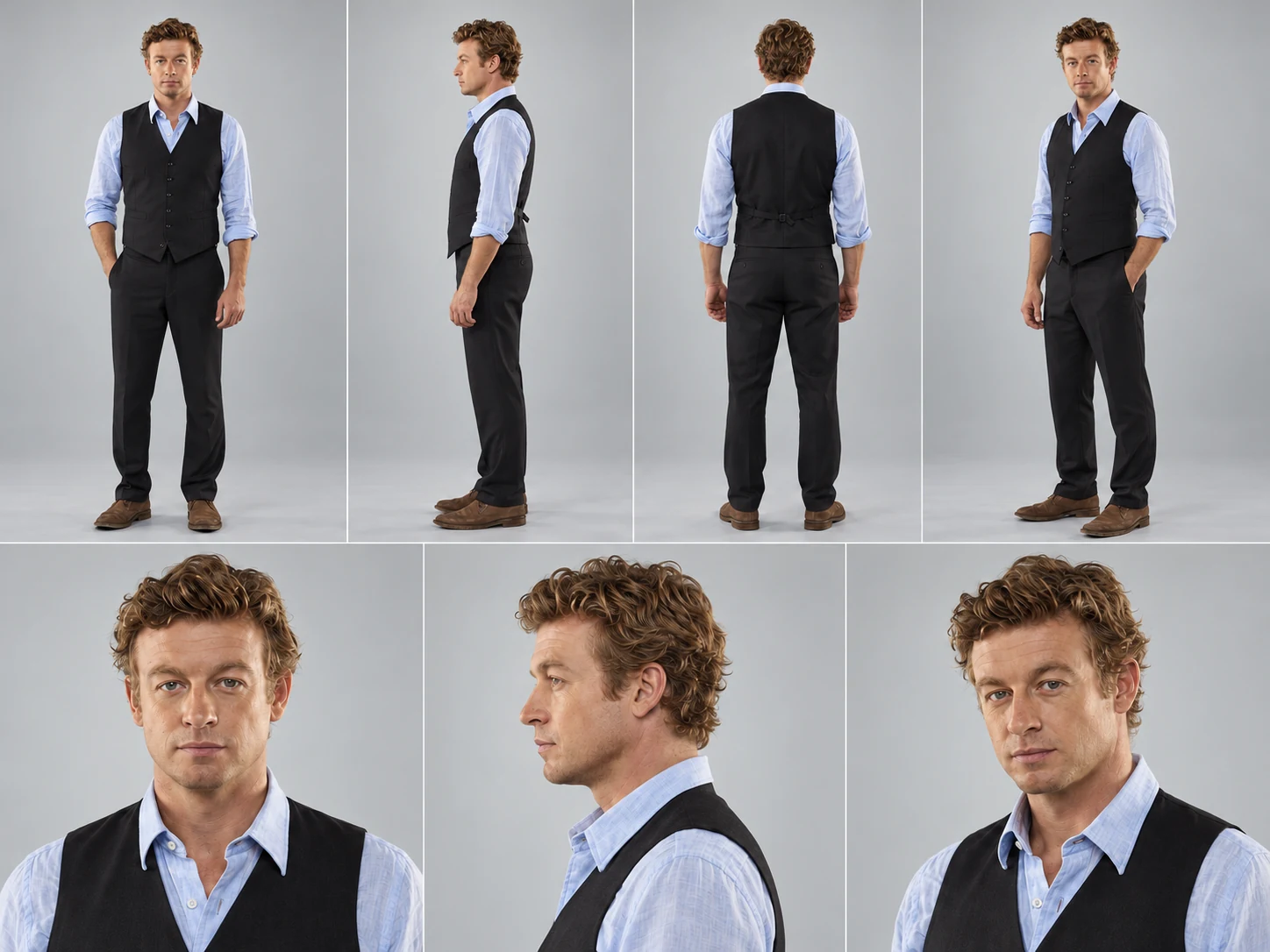 Folha visual de referência com frente, perfil, costas e retratos do Mentalista